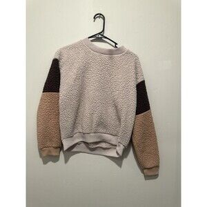 American Eagle Teddy Sherpa Pullover XS Creme Pink Brown Soft Fleece Sweater